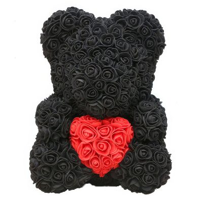 Мишка из роз черный с красным сердцем (40 см)